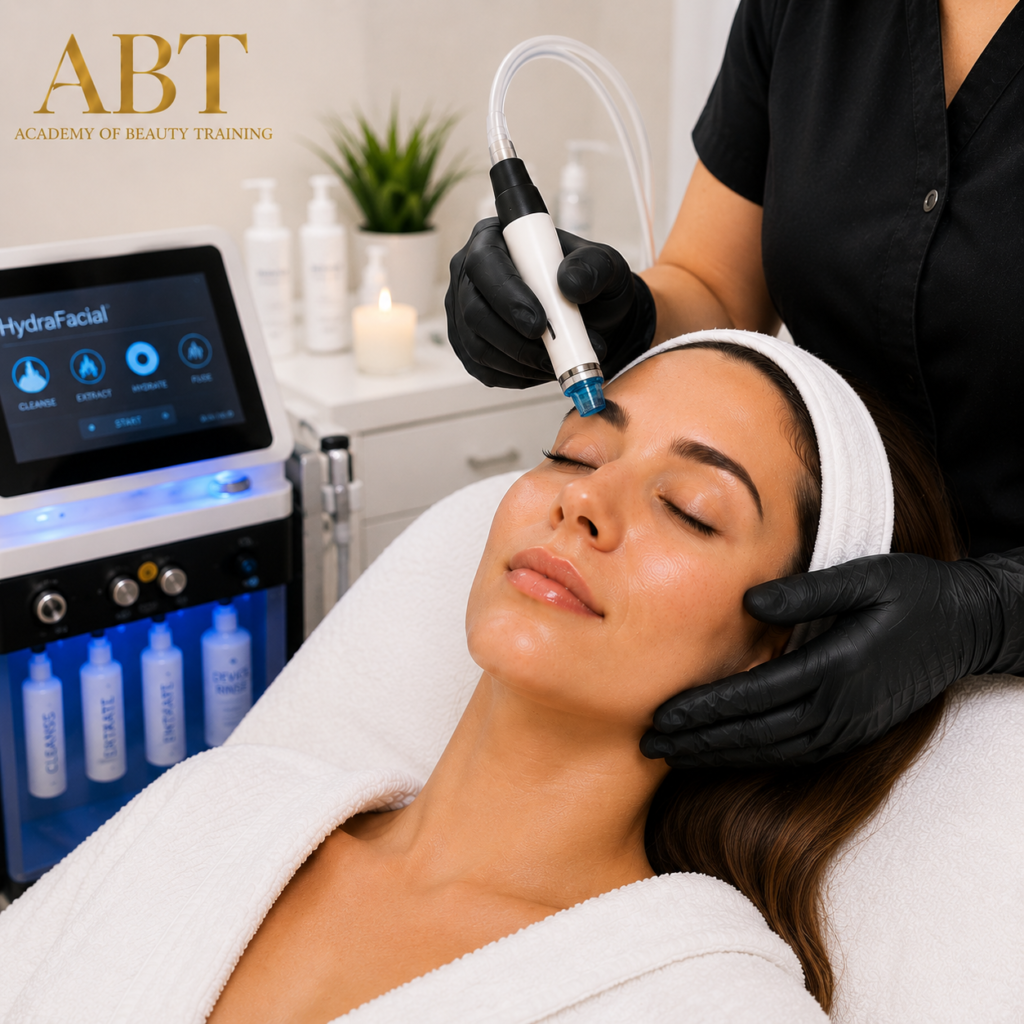 Client receiving specialised facial laser skin rejuvenation treatment from trained aesthetician inside modern beauty clinic.