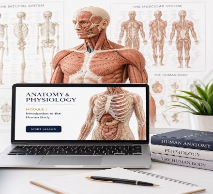 Laptop displaying human anatomy diagrams for online Level 3 anatomy and physiology beauty therapy qualification.