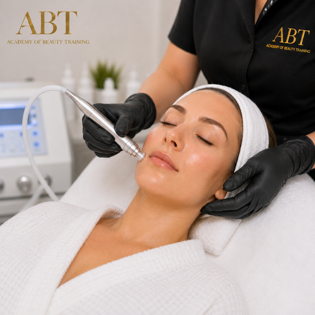 Student learning professional diamond dermabrasion exfoliation technique on client during accredited aesthetic training course.