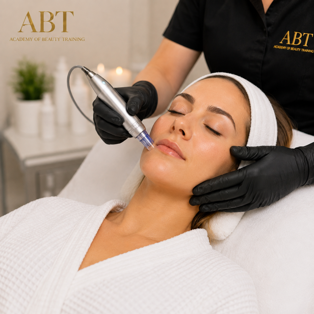 Trainee performing professional microneedling collagen stimulation treatment on client during accredited aesthetic skincare class.