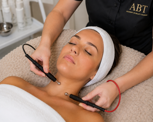 Student practising soothing facial massage movements on client during fast track VTCT Level 3 beauty diploma.