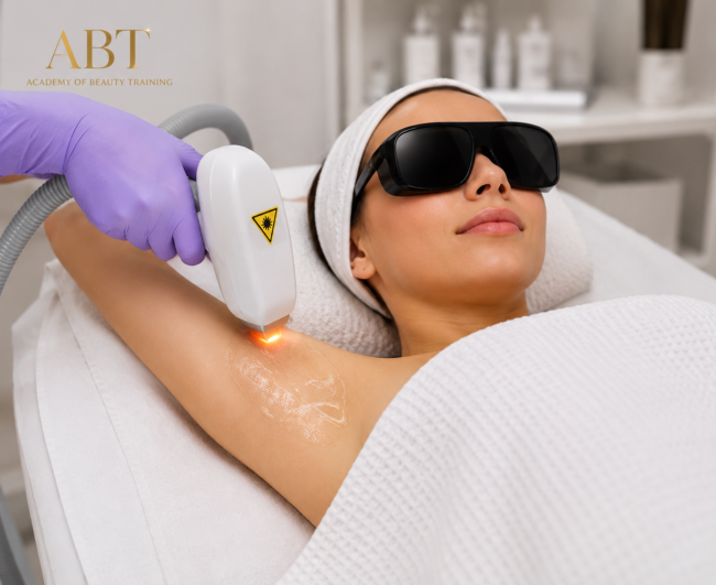 Patient resting comfortably with eye protection during fast track VTCT Level 4 laser hair removal practical.