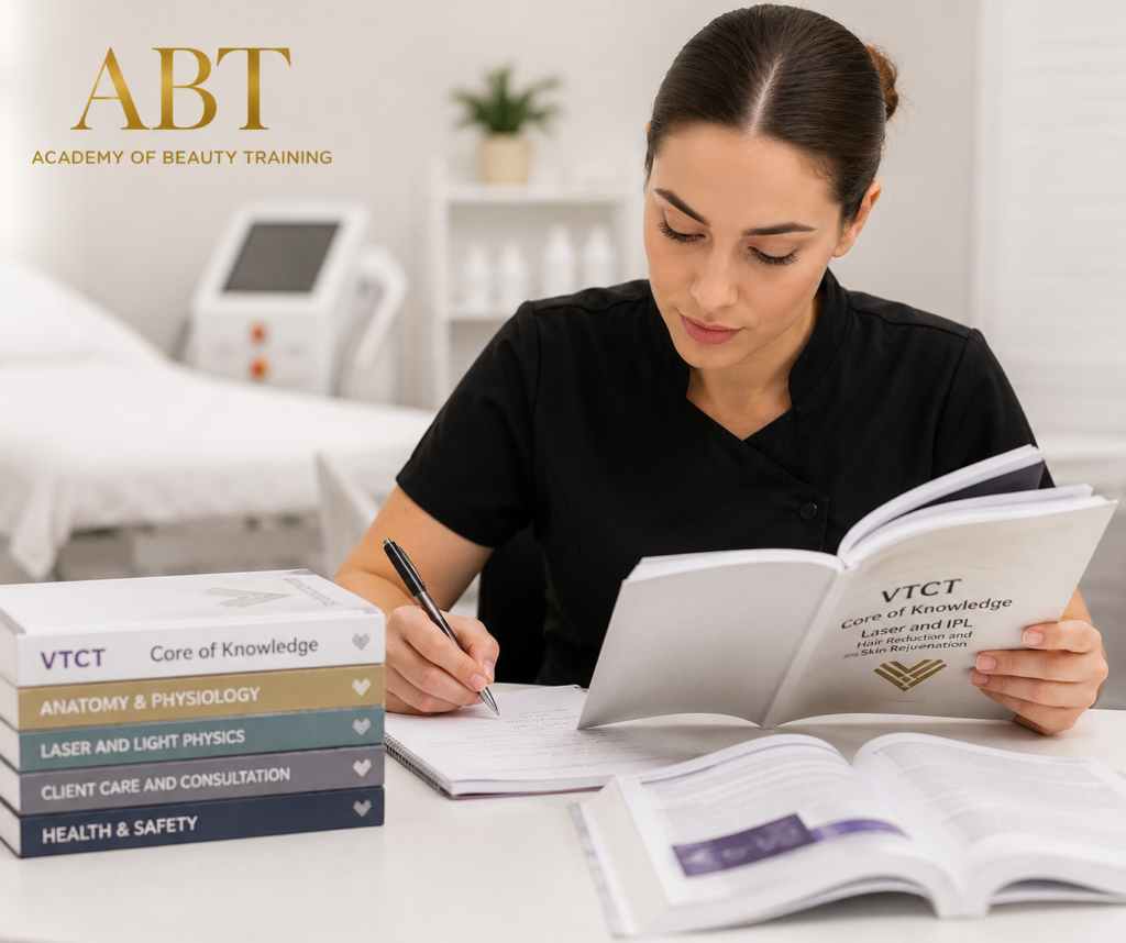 Beauty therapist reviewing accredited VTCT core of knowledge laser and light safety theory training manual.