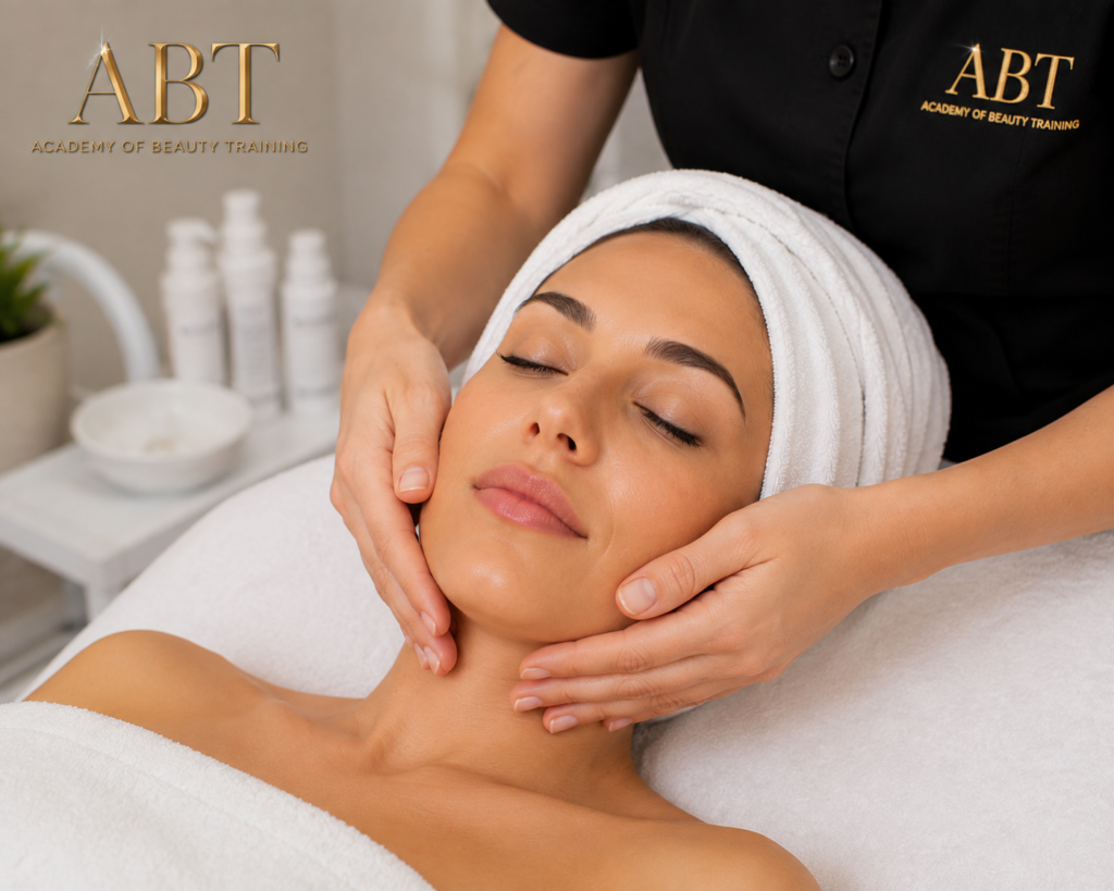 Student performing gentle facial cleansing massage technique on client during practical VTCT Level 2 course.