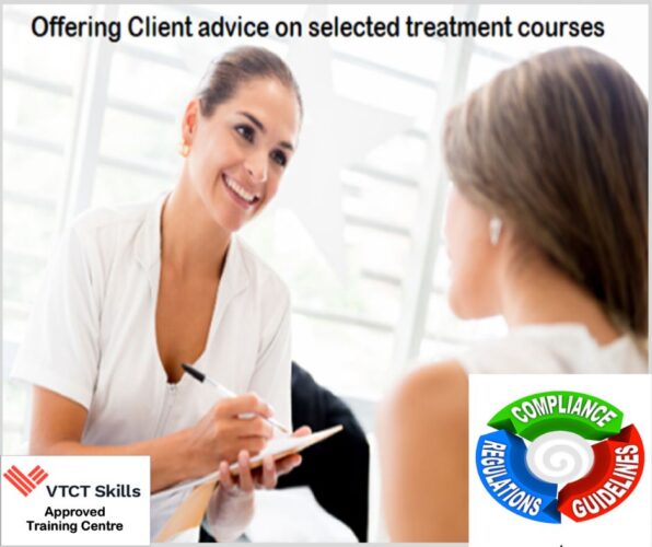Friendly aesthetic tutor discussing treatment courses and client skincare consultation plans with professional beauty student.