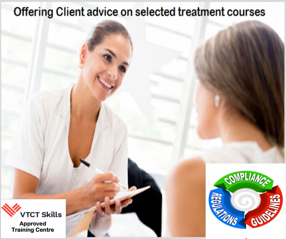 Friendly aesthetic tutor discussing treatment courses and client skincare consultation plans with professional beauty student.