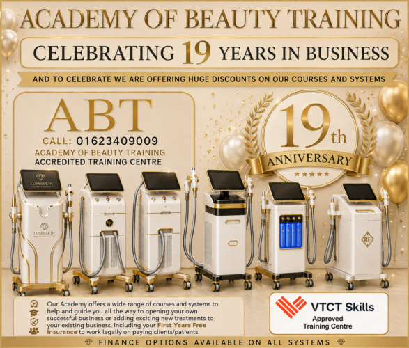 Academy of Beauty Training anniversary banner celebrating nineteen years of providing accredited aesthetic education courses.