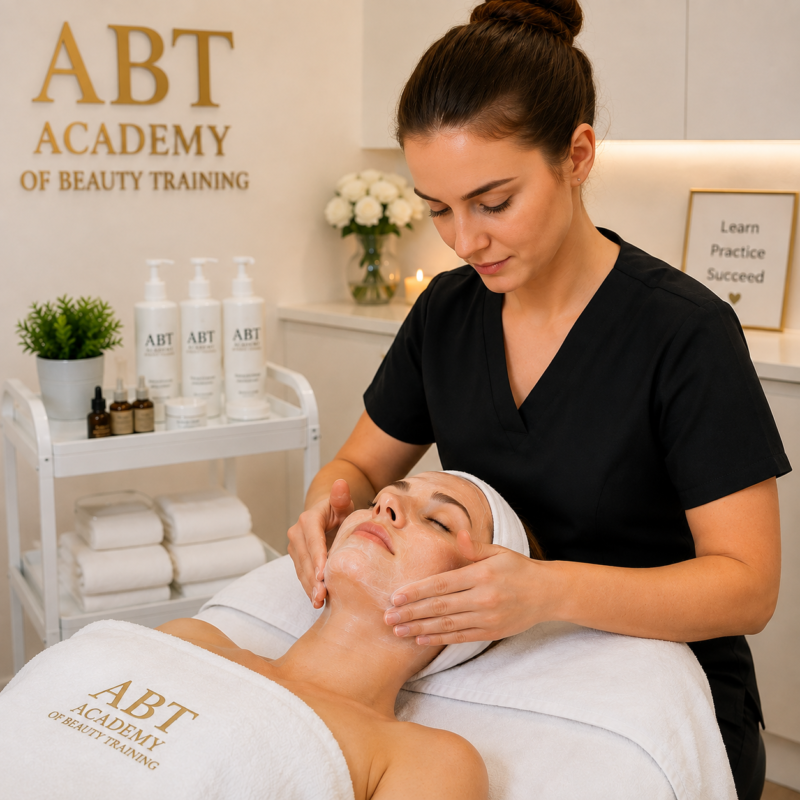 Skincare practitioner in black uniform performing delicate facial procedure on clinic client.