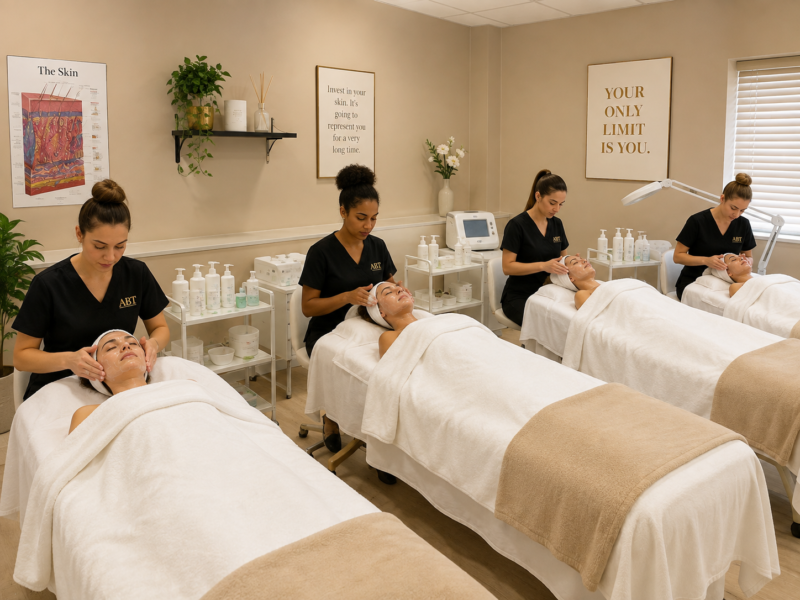 Trainee therapists observing live practical aesthetic skincare demonstration in accredited beauty academy.