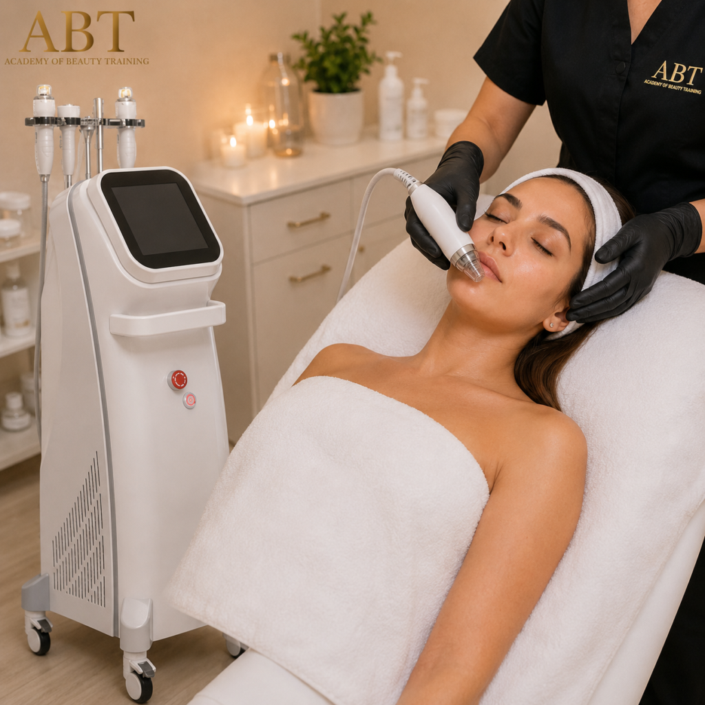 Student practising specialist aesthetic skincare treatment on client during accredited beauty training course.