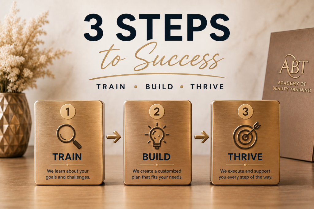 Promotional banner displaying three simple steps to success for aspiring aesthetic therapists and clinic owners.