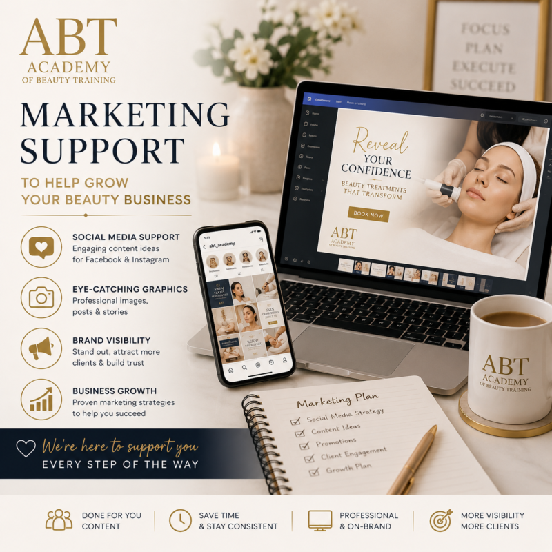 Promotional flyers and laptop showing bespoke marketing support materials for beauty businesses.