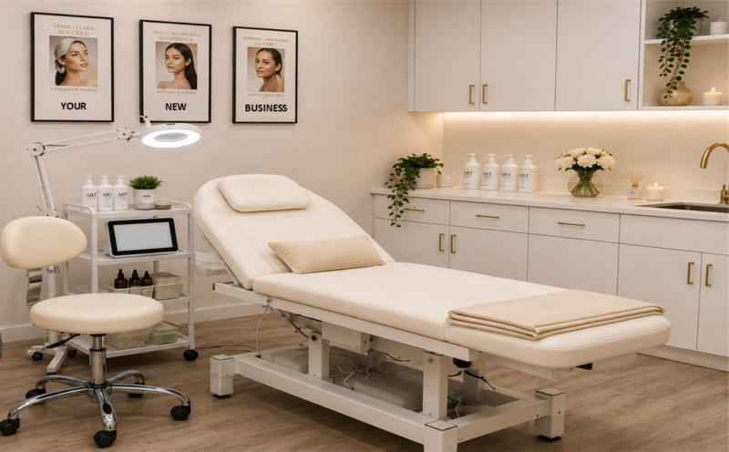 Modern empty treatment room with adjustable clinic bed prepared for aesthetic skincare clients.