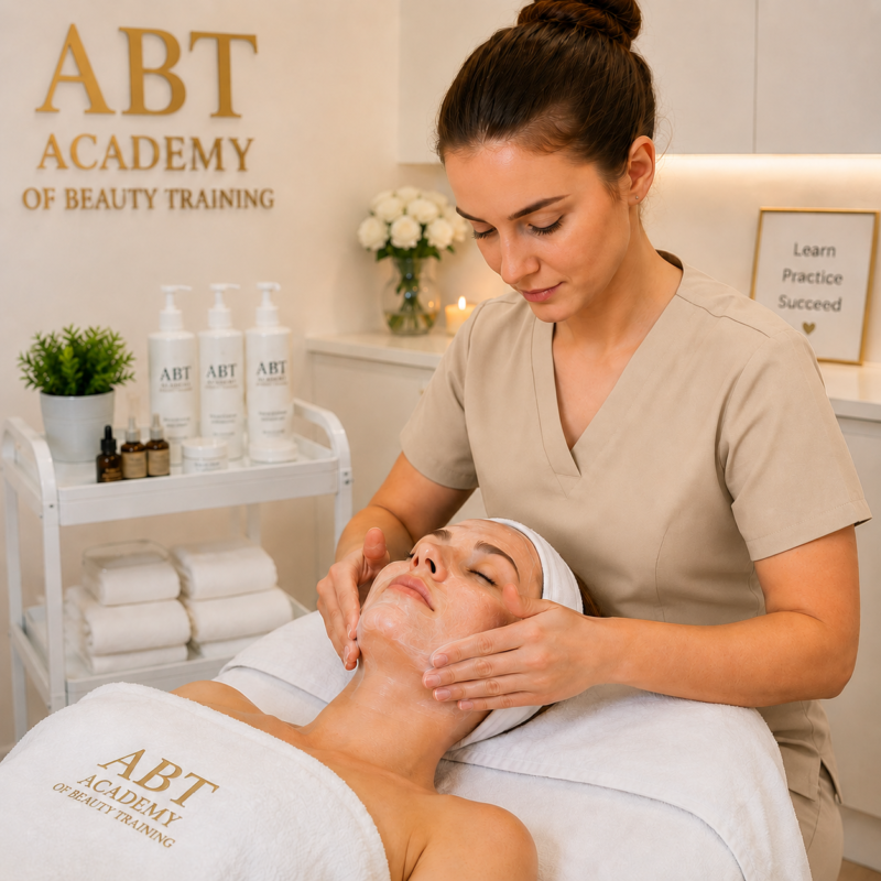 Qualified beauty practitioner wearing beige tunic performing gentle skincare treatment on client.